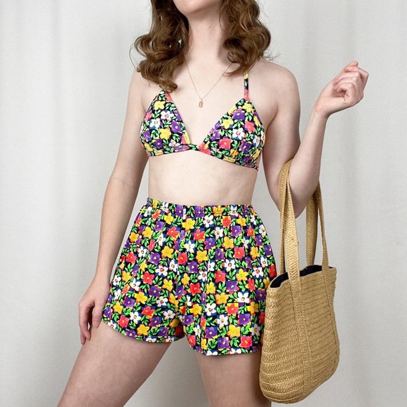 Vintage Floral Power Bikini Two Piece Triangle High Rise Shorts Cute Set 70s 80s - Picture 9 of 9